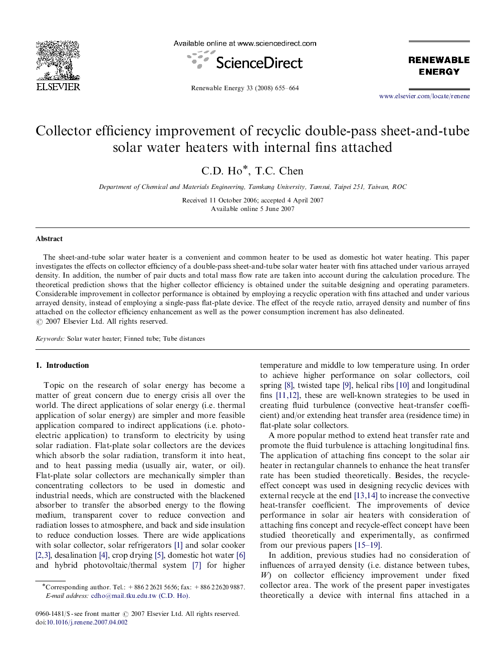 Collector efficiency improvement of recyclic double-pass sheet-and-tube solar water heaters with internal fins attached