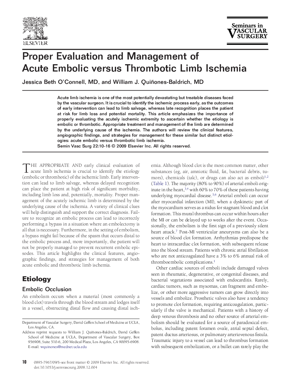 Proper Evaluation and Management of Acute Embolic versus Thrombotic Limb Ischemia