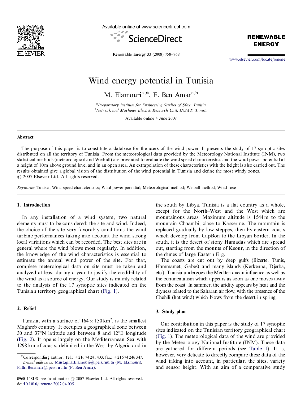 Wind energy potential in Tunisia