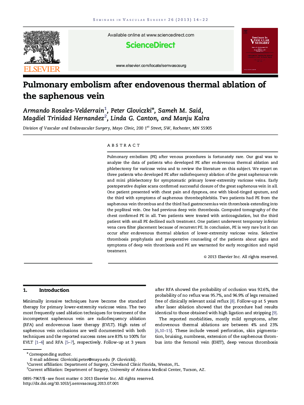 Pulmonary embolism after endovenous thermal ablation of the saphenous vein