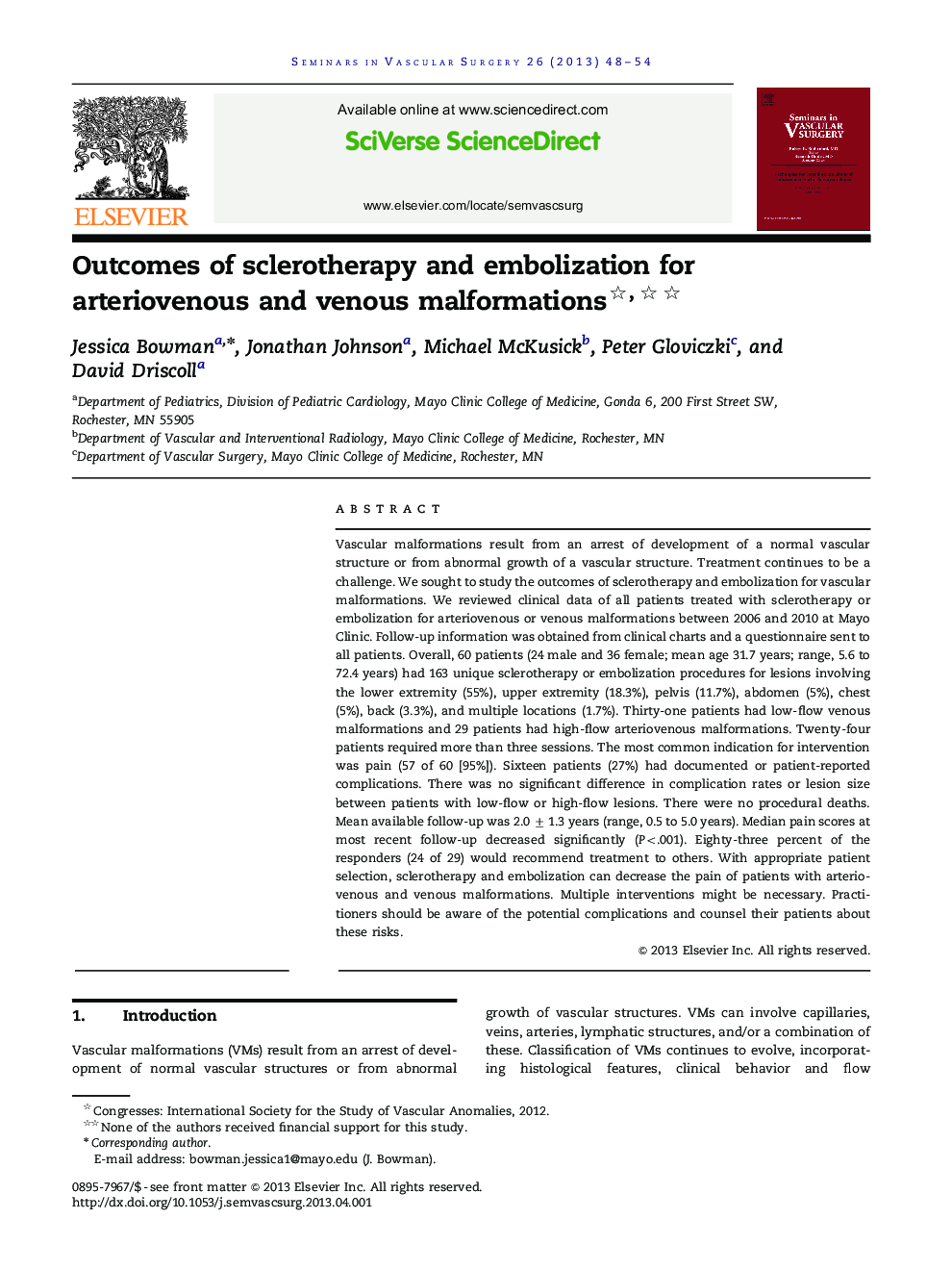 Outcomes of sclerotherapy and embolization for arteriovenous and venous malformations 