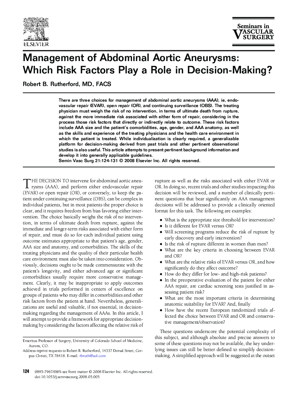 Management of Abdominal Aortic Aneurysms: Which Risk Factors Play a Role in Decision-Making?