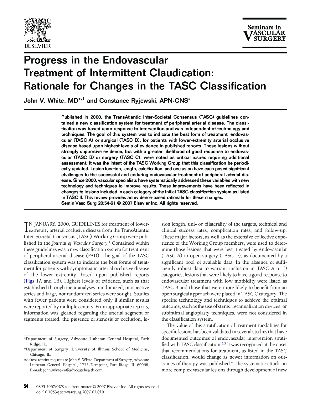 Progress in the Endovascular Treatment of Intermittent Claudication: Rationale for Changes in the TASC Classification