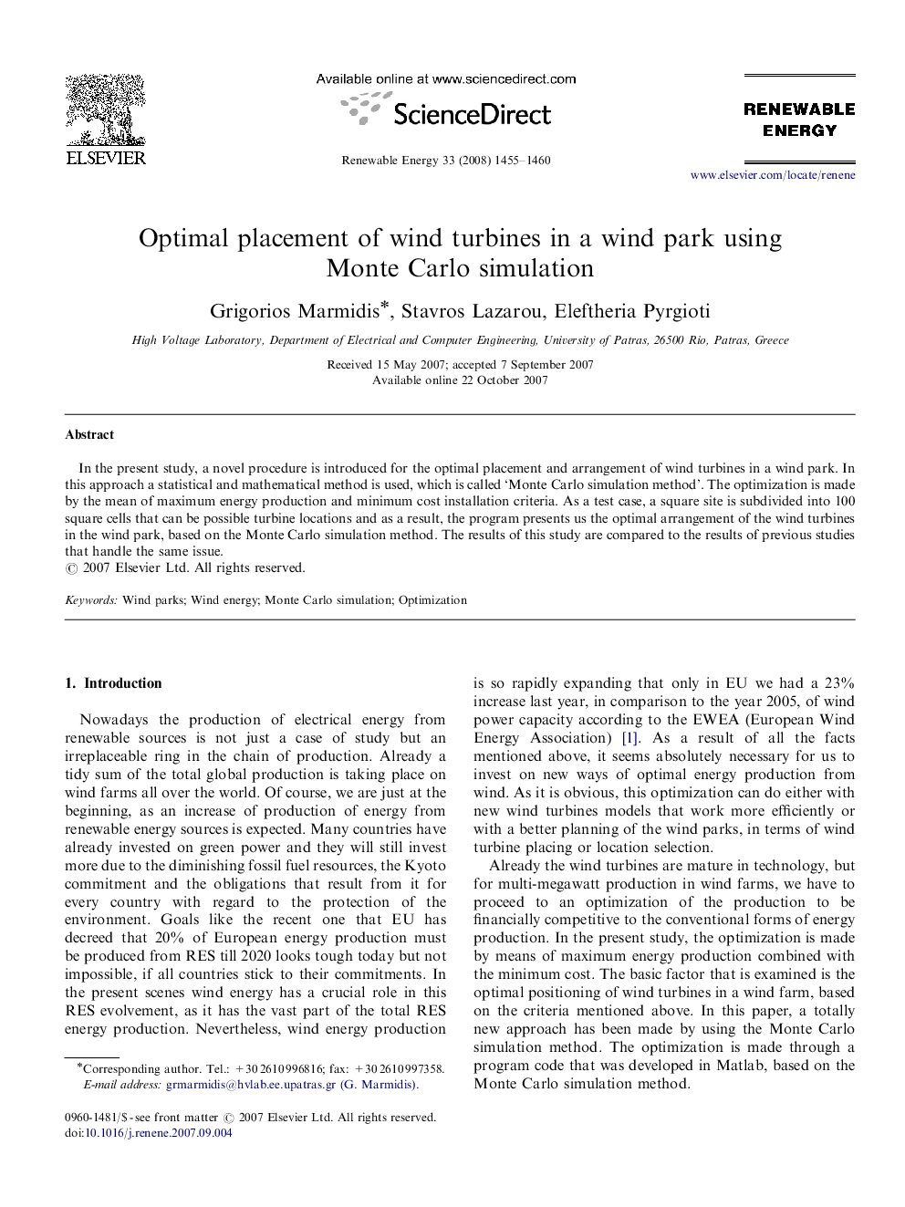 Optimal placement of wind turbines in a wind park using Monte Carlo simulation