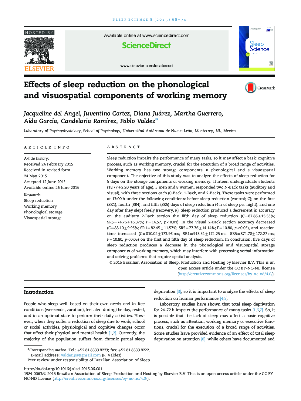 Effects of sleep reduction on the phonological and visuospatial components of working memory 