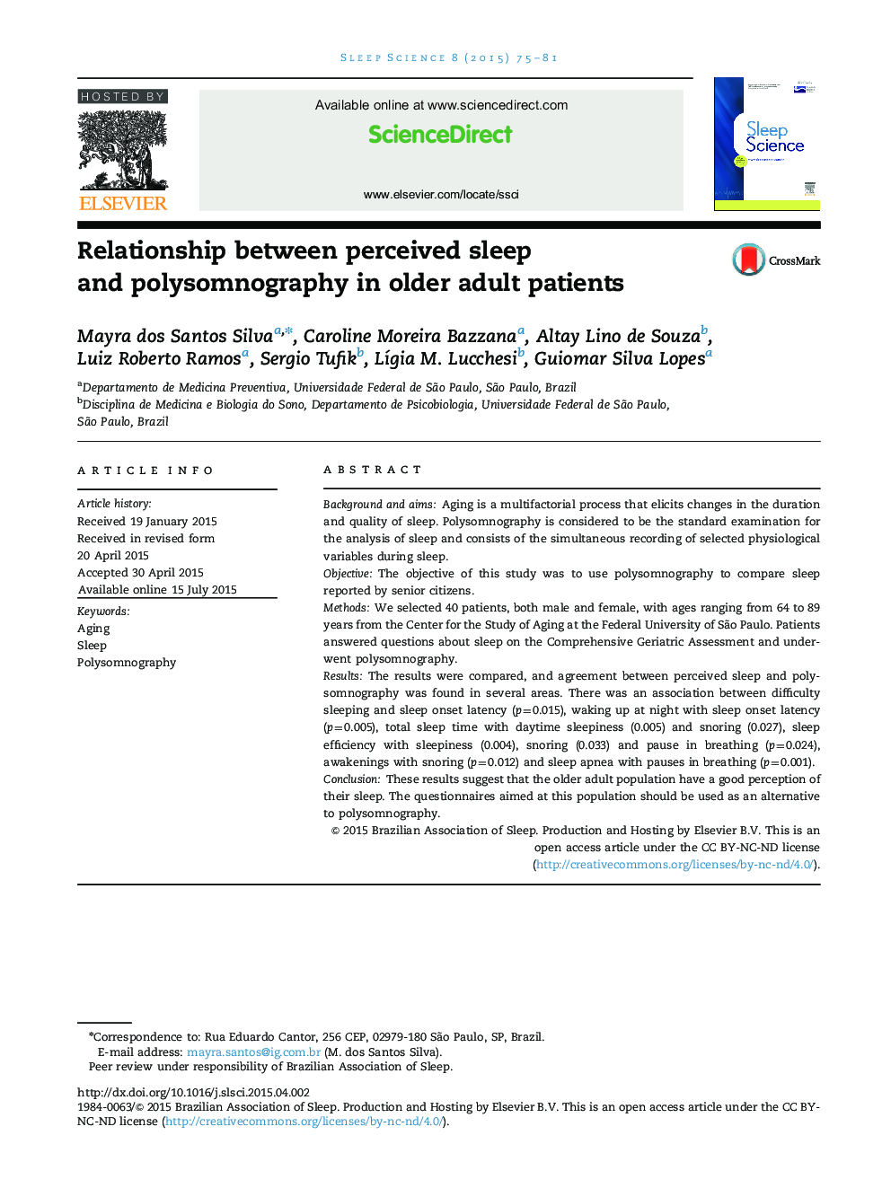 Relationship between perceived sleep and polysomnography in older adult patients 