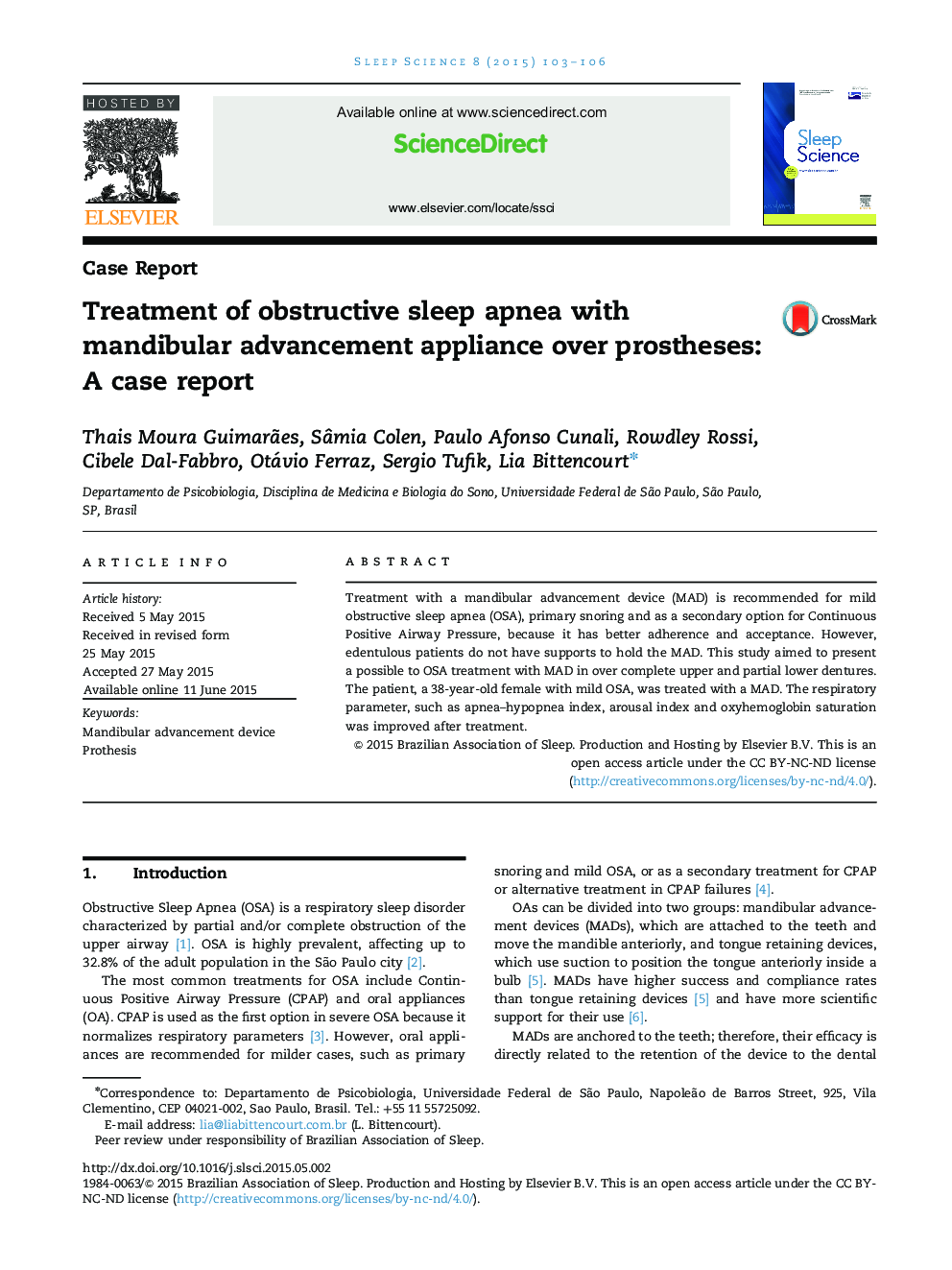 Treatment of obstructive sleep apnea with mandibular advancement appliance over prostheses: A case report 
