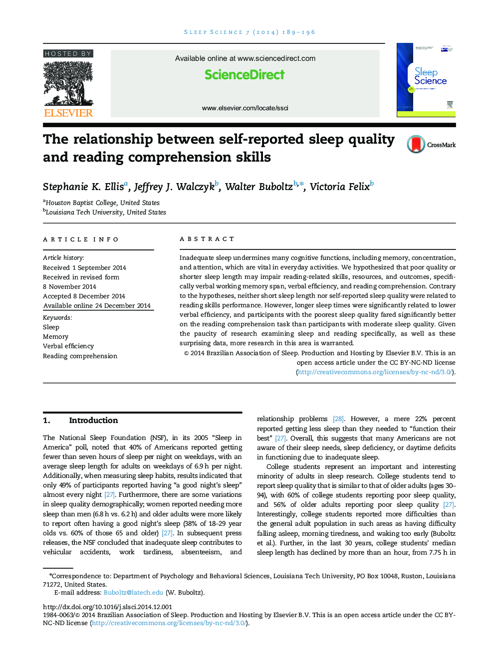 The relationship between self-reported sleep quality and reading comprehension skills