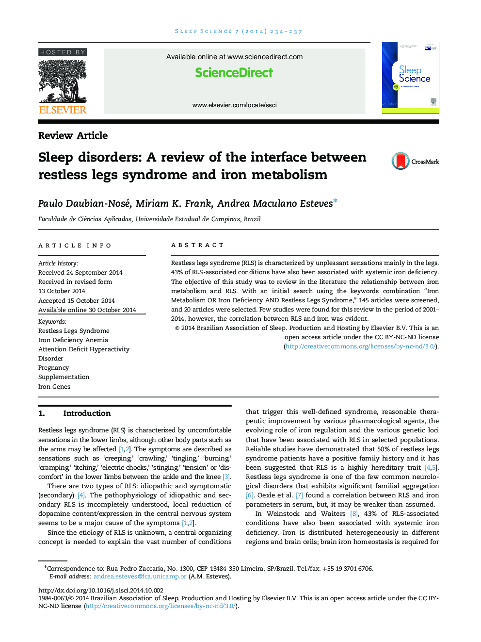 Sleep disorders: A review of the interface between restless legs syndrome and iron metabolism