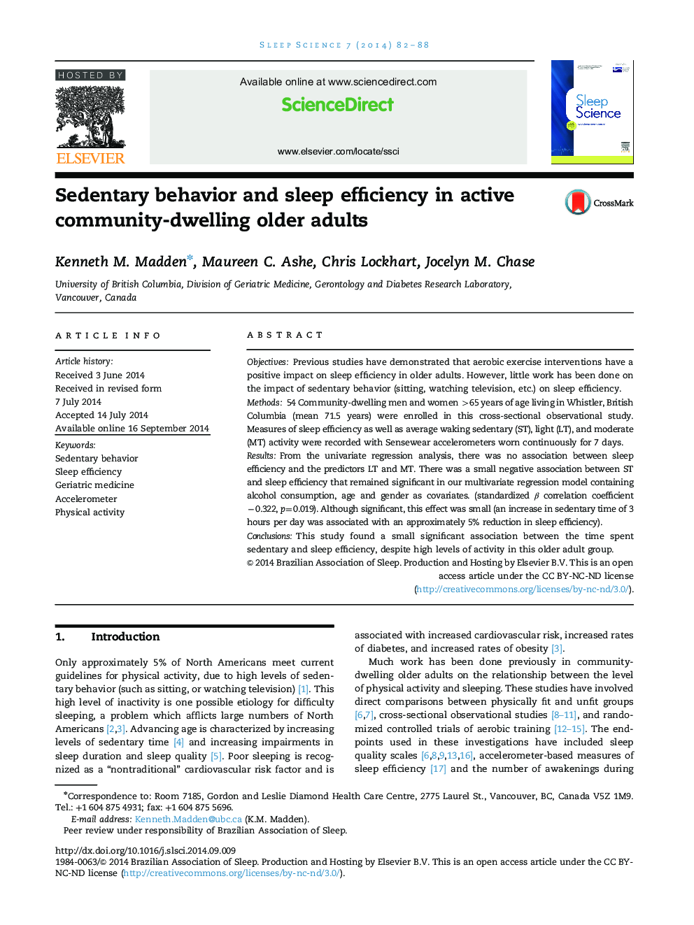 Sedentary behavior and sleep efficiency in active community-dwelling older adults 