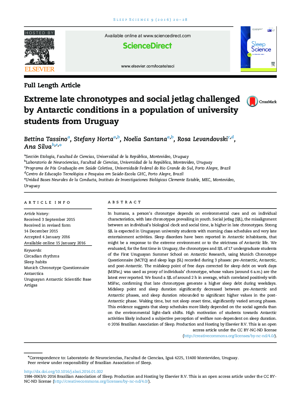 Extreme late chronotypes and social jetlag challenged by Antarctic conditions in a population of university students from Uruguay 