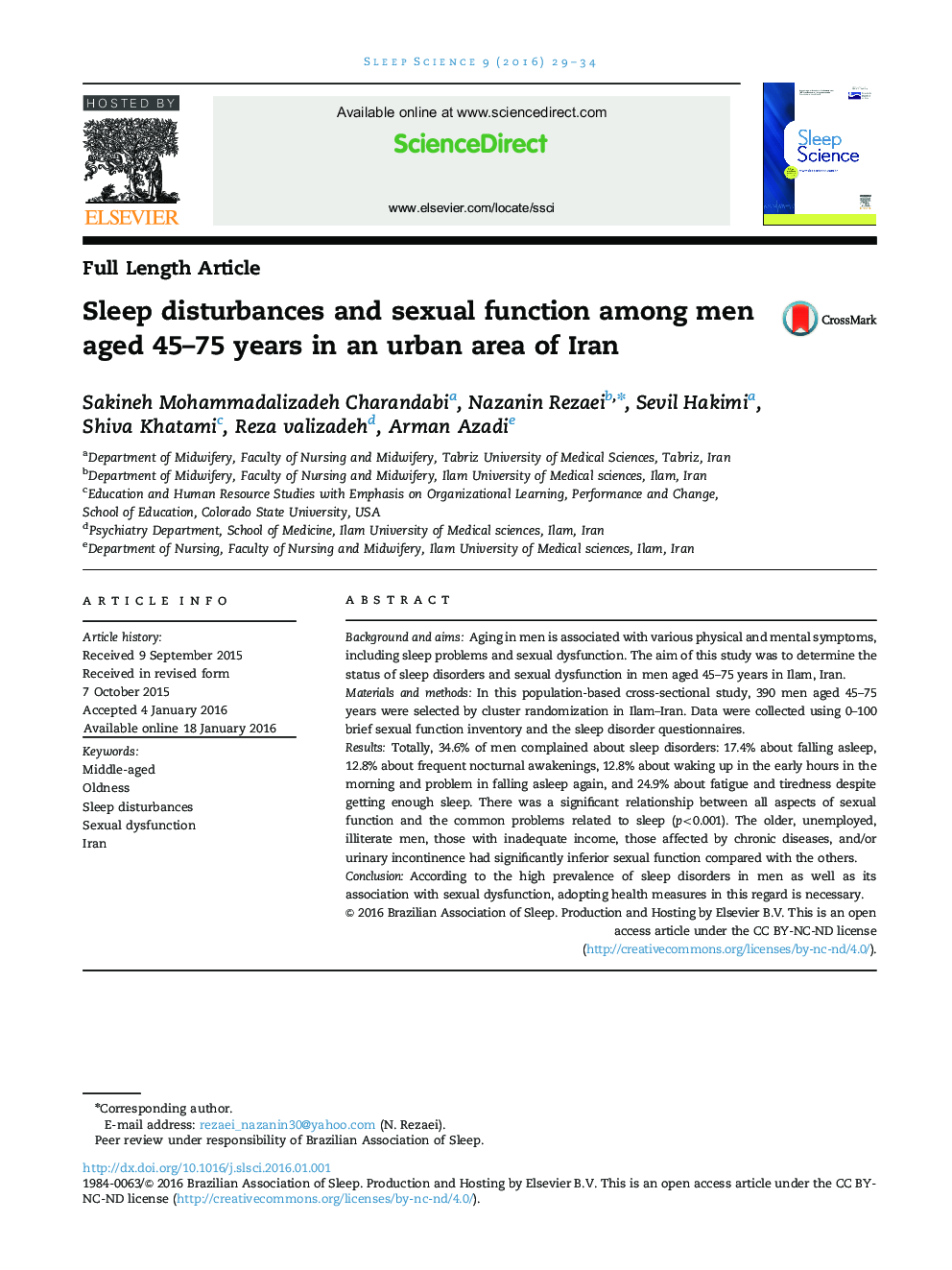 اختلالات خواب و عملکرد جنسی در میان مردان 45 ساله و 75 ساله در یک منطقه شهری ایران 