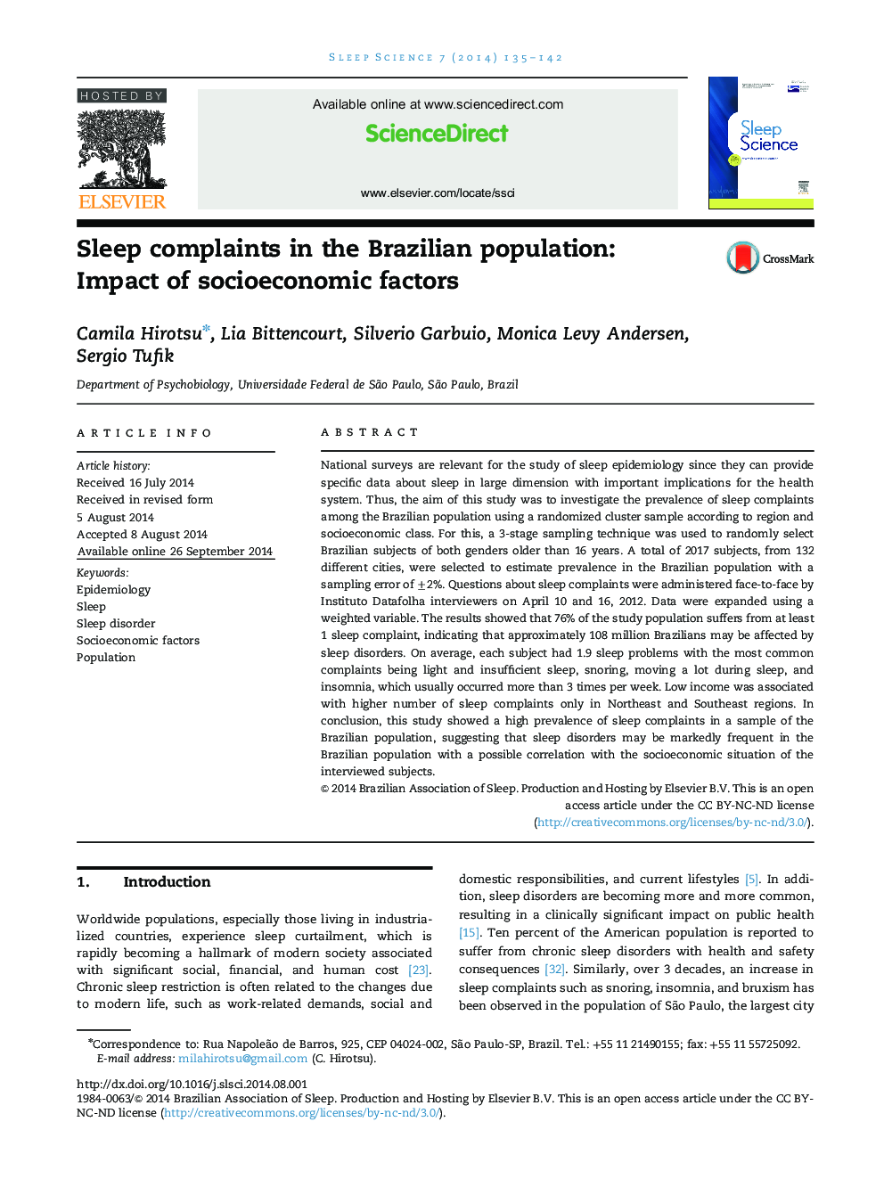 Sleep complaints in the Brazilian population: Impact of socioeconomic factors