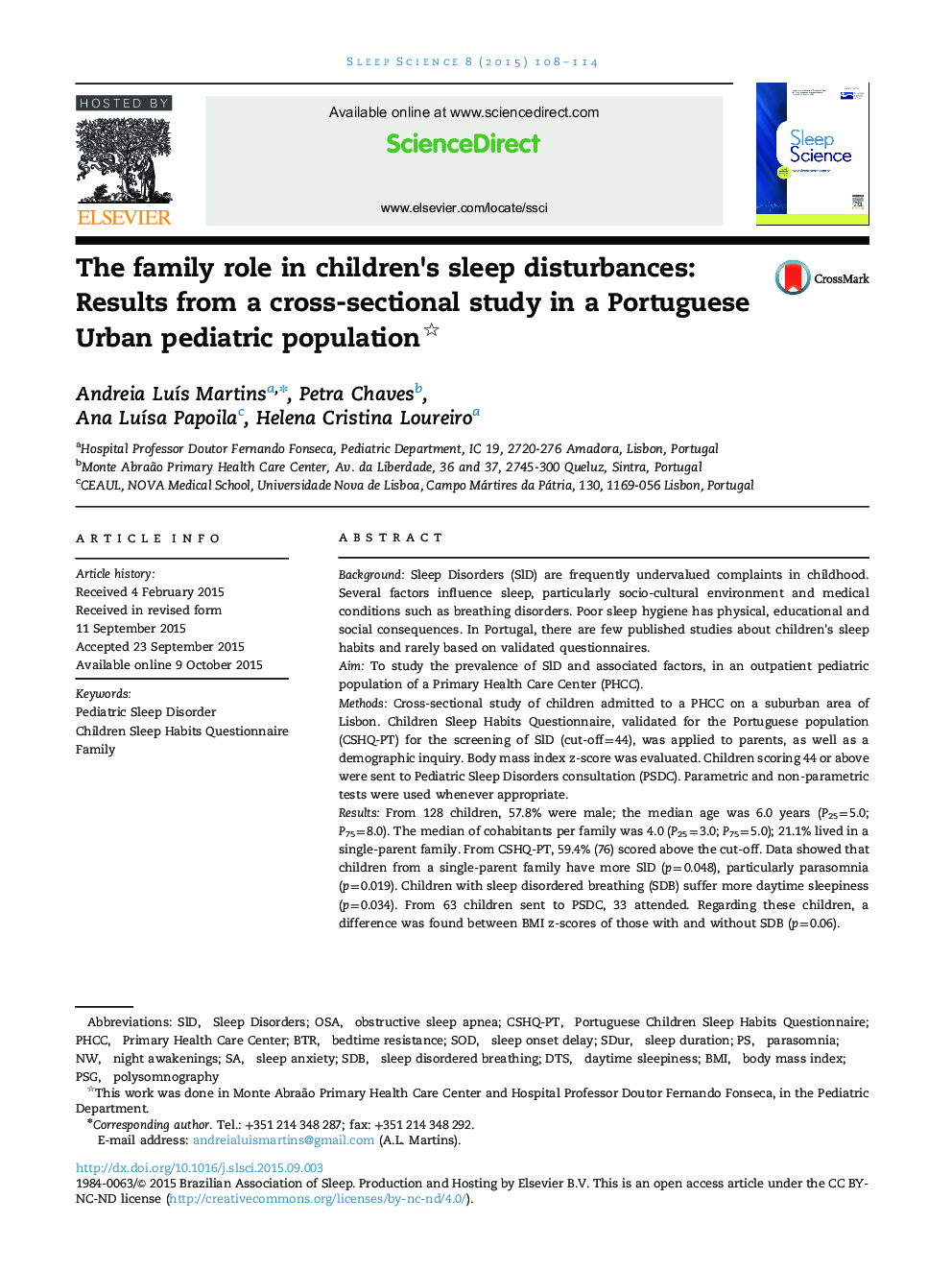 The family role in children׳s sleep disturbances: Results from a cross-sectional study in a Portuguese Urban pediatric population 