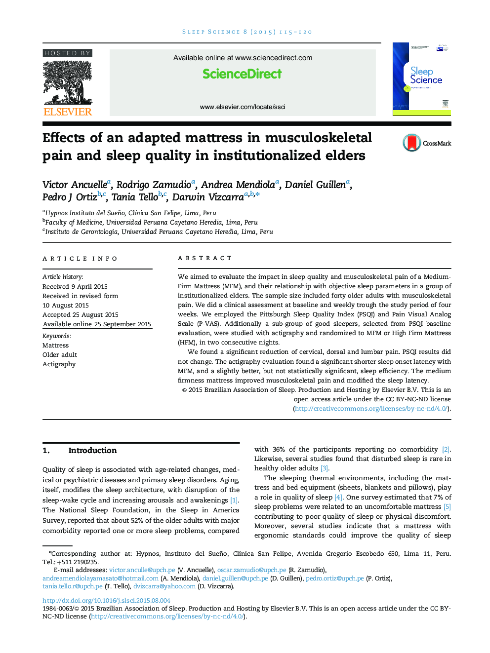 Effects of an adapted mattress in musculoskeletal pain and sleep quality in institutionalized elders