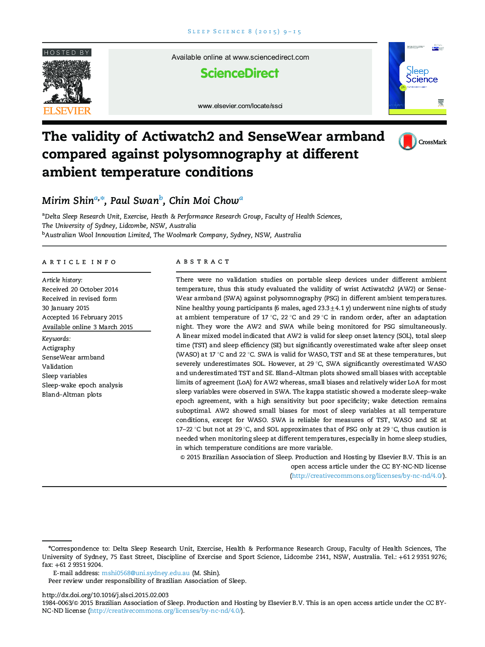 The validity of Actiwatch2 and SenseWear armband compared against polysomnography at different ambient temperature conditions 