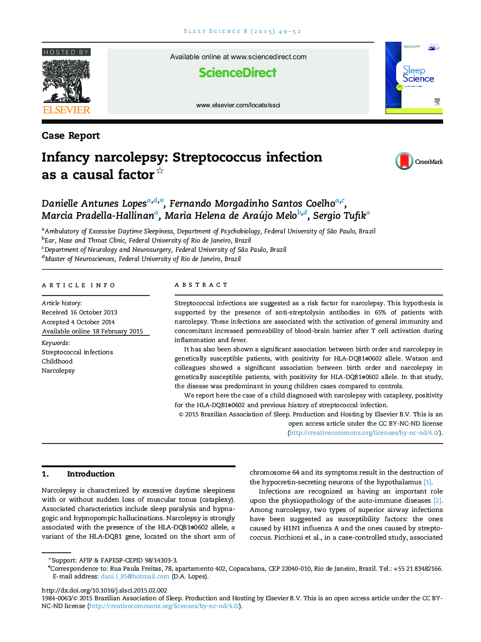 Infancy narcolepsy: Streptococcus infection as a causal factor 