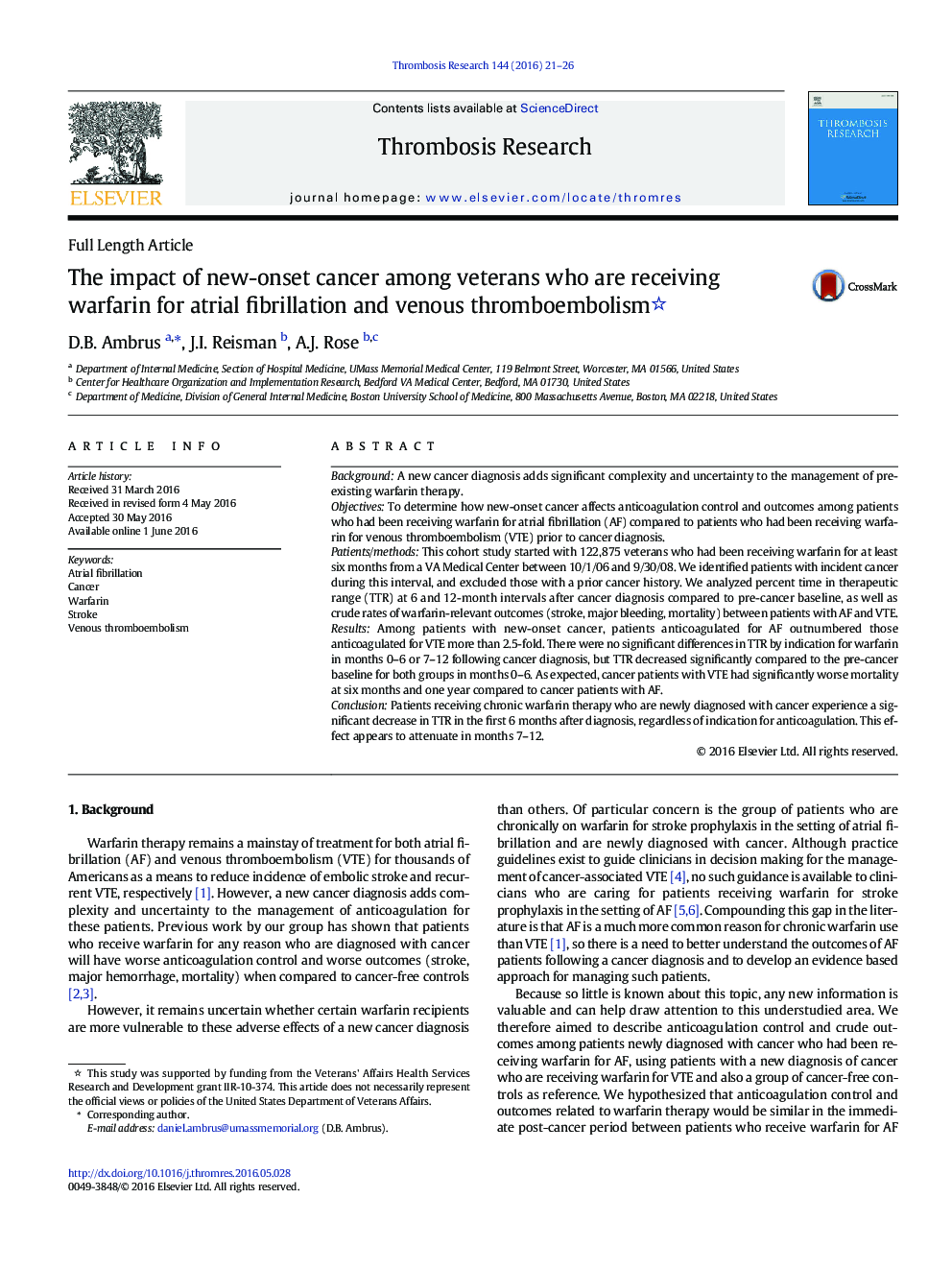 The impact of new-onset cancer among veterans who are receiving warfarin for atrial fibrillation and venous thromboembolism 