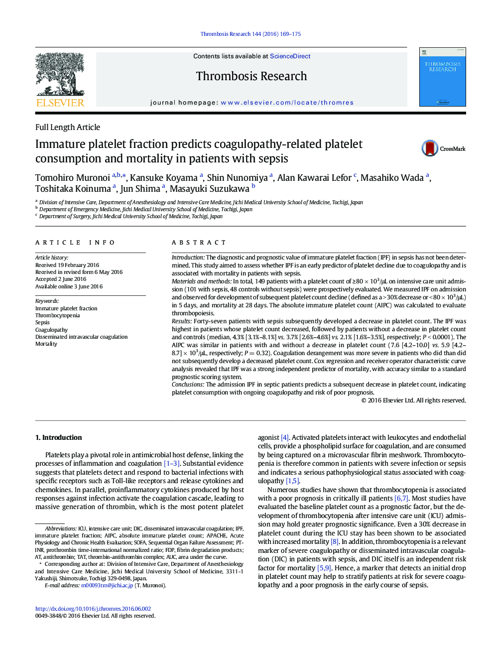 Immature platelet fraction predicts coagulopathy-related platelet consumption and mortality in patients with sepsis