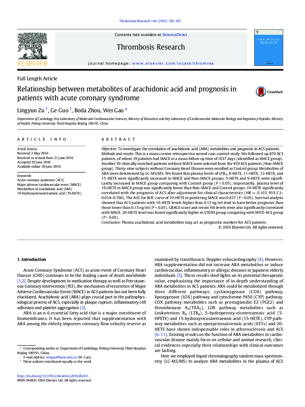 Relationship between metabolites of arachidonic acid and prognosis in patients with acute coronary syndrome