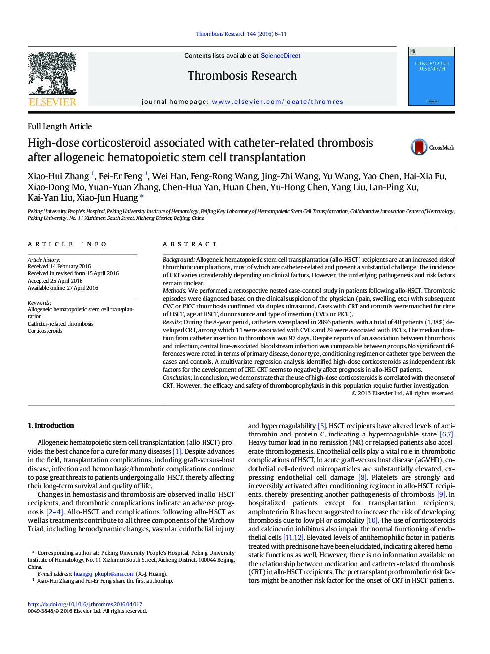 High-dose corticosteroid associated with catheter-related thrombosis after allogeneic hematopoietic stem cell transplantation