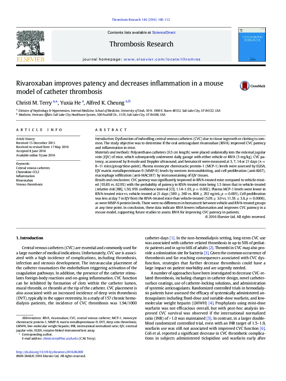 Rivaroxaban improves patency and decreases inflammation in a mouse model of catheter thrombosis