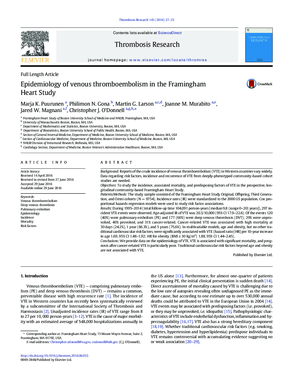 Epidemiology of venous thromboembolism in the Framingham Heart Study