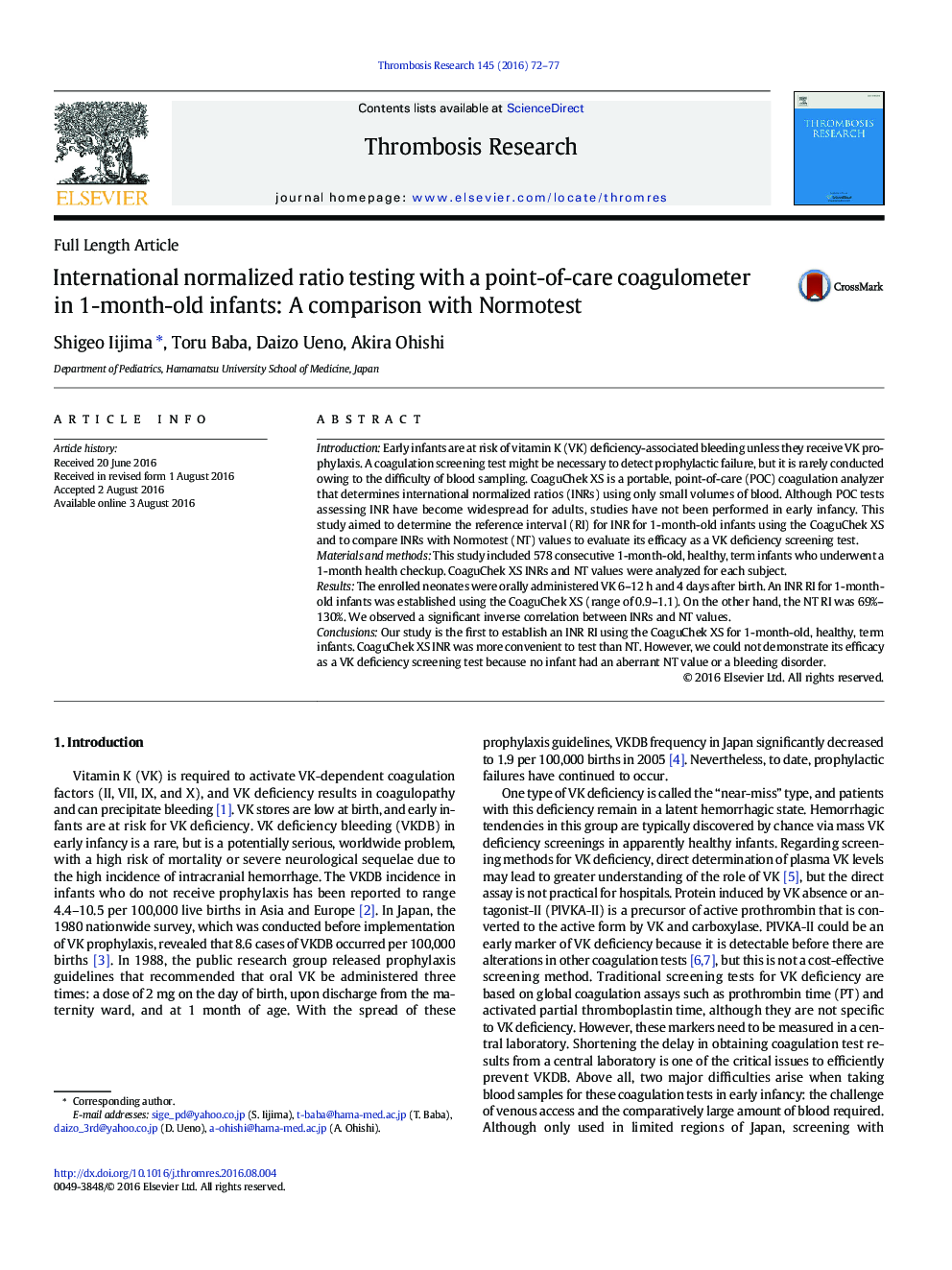 International normalized ratio testing with a point-of-care coagulometer in 1-month-old infants: A comparison with Normotest