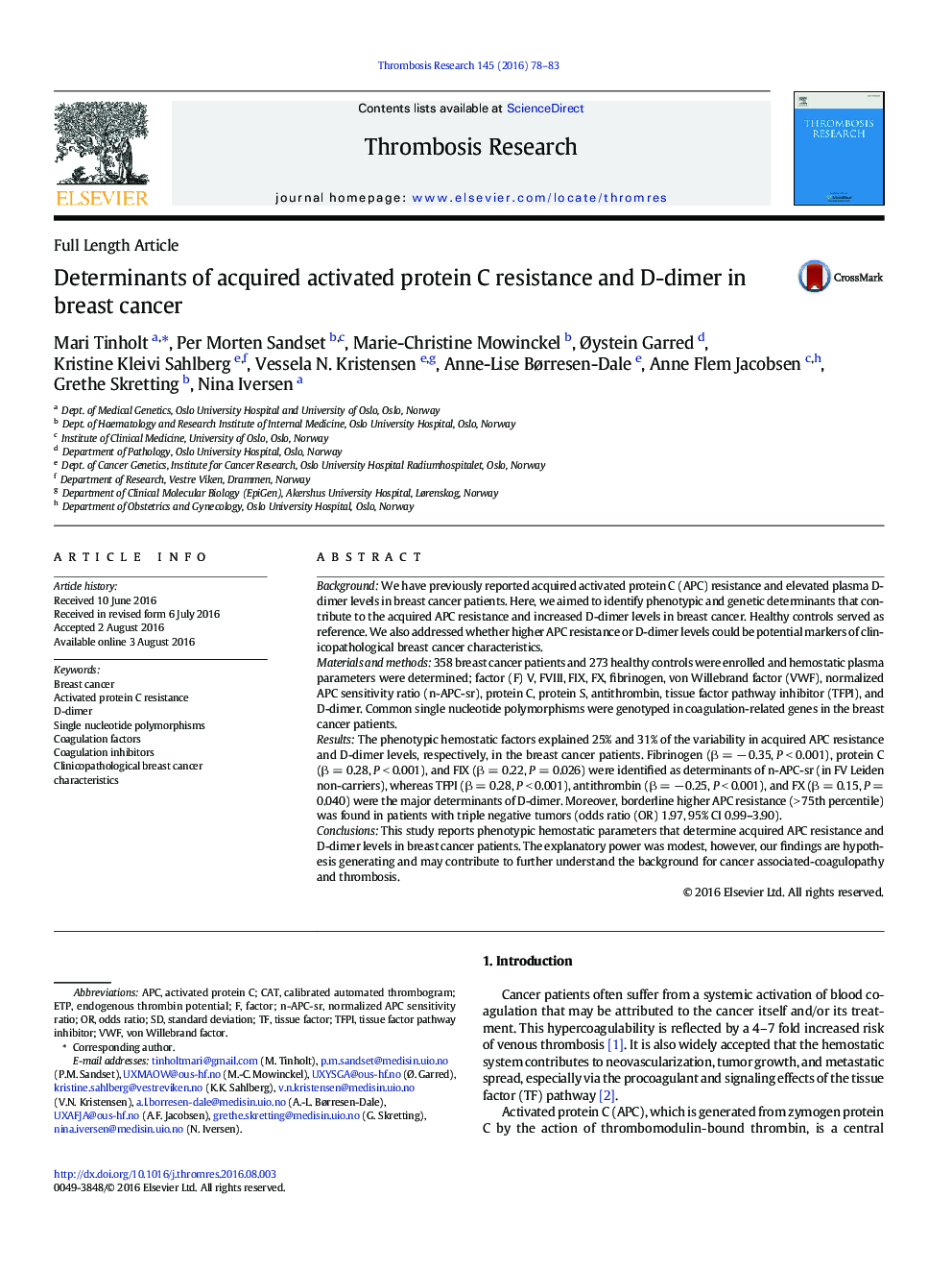 Determinants of acquired activated protein C resistance and D-dimer in breast cancer