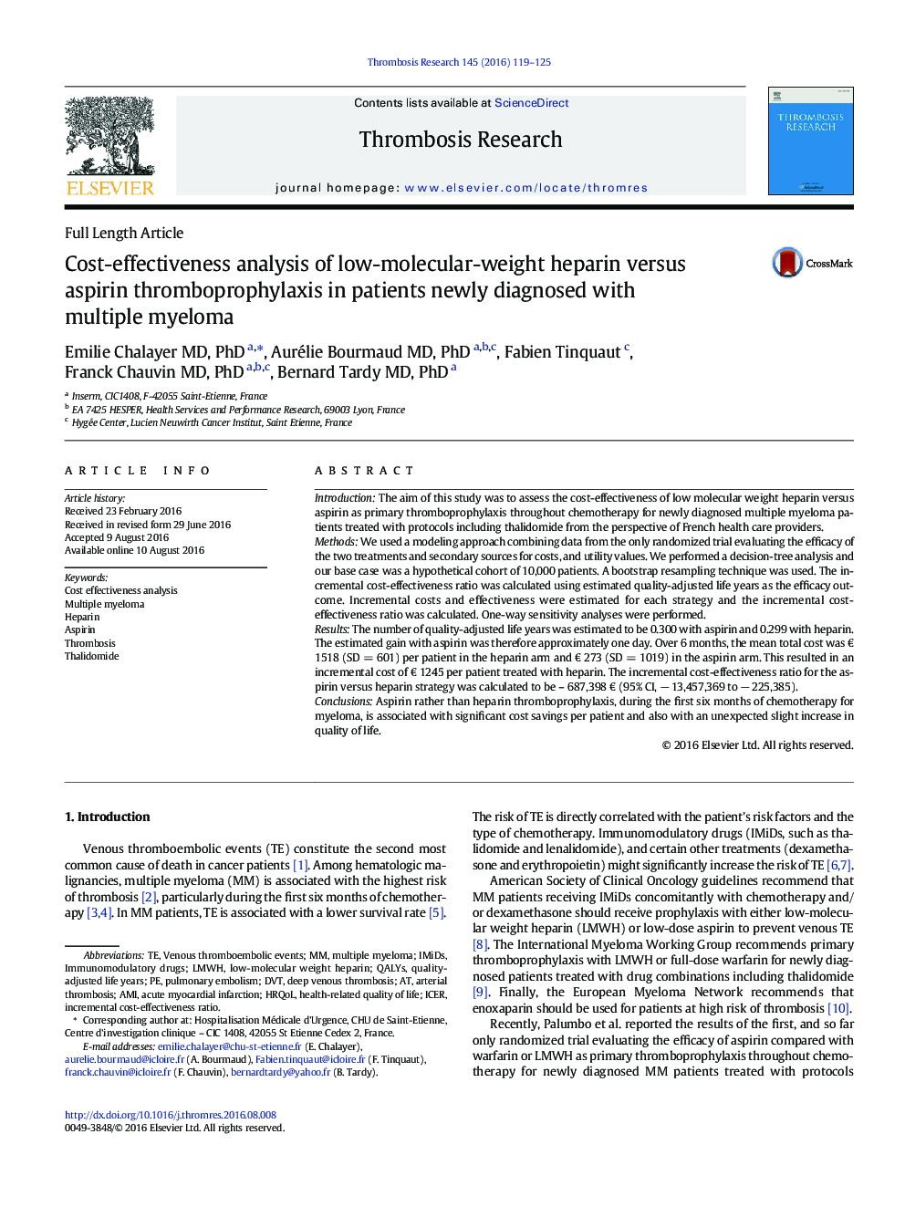 Cost-effectiveness analysis of low-molecular-weight heparin versus aspirin thromboprophylaxis in patients newly diagnosed with multiple myeloma