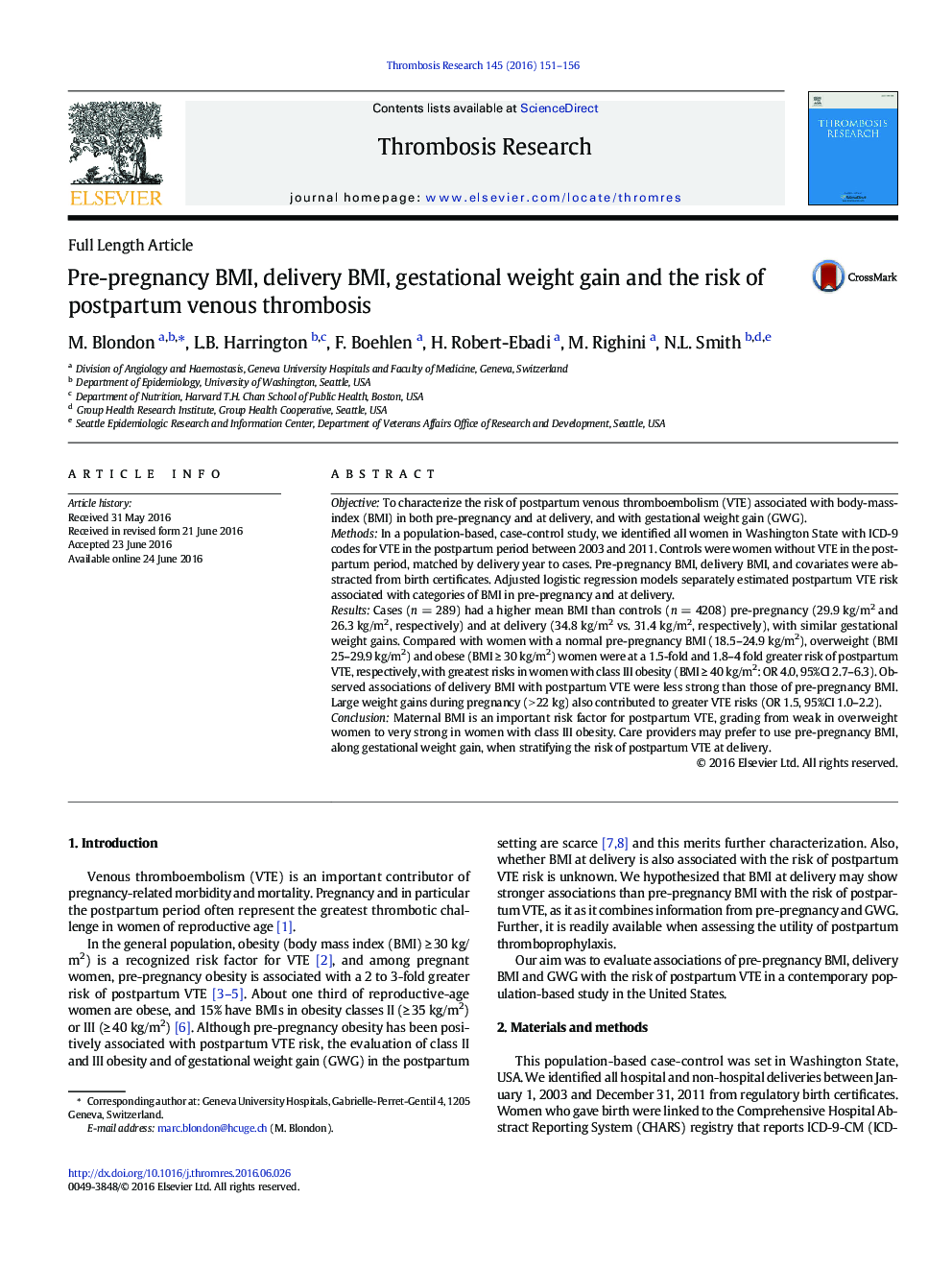 Pre-pregnancy BMI, delivery BMI, gestational weight gain and the risk of postpartum venous thrombosis