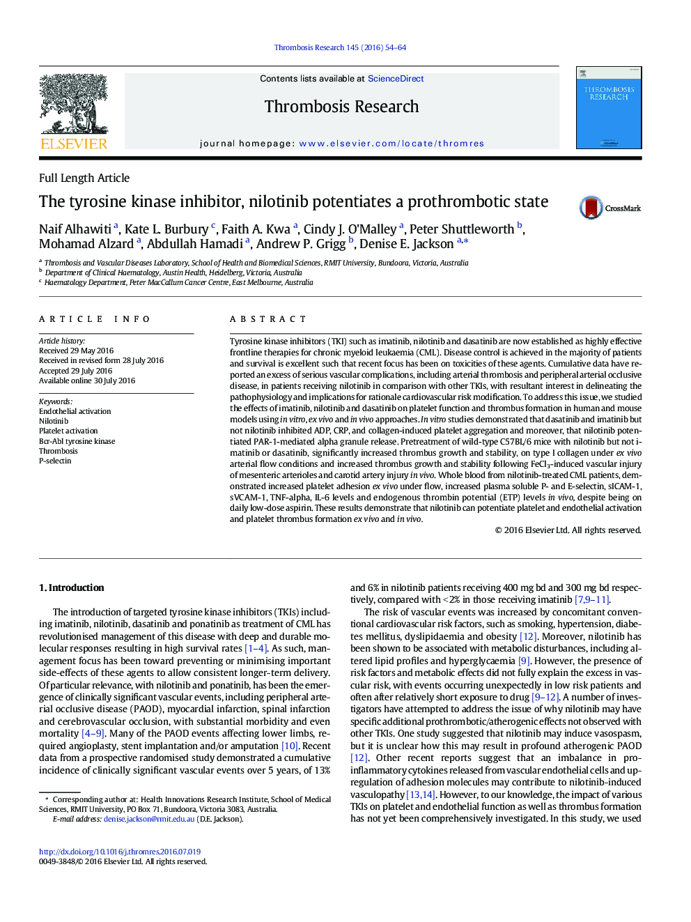 The tyrosine kinase inhibitor, nilotinib potentiates a prothrombotic state