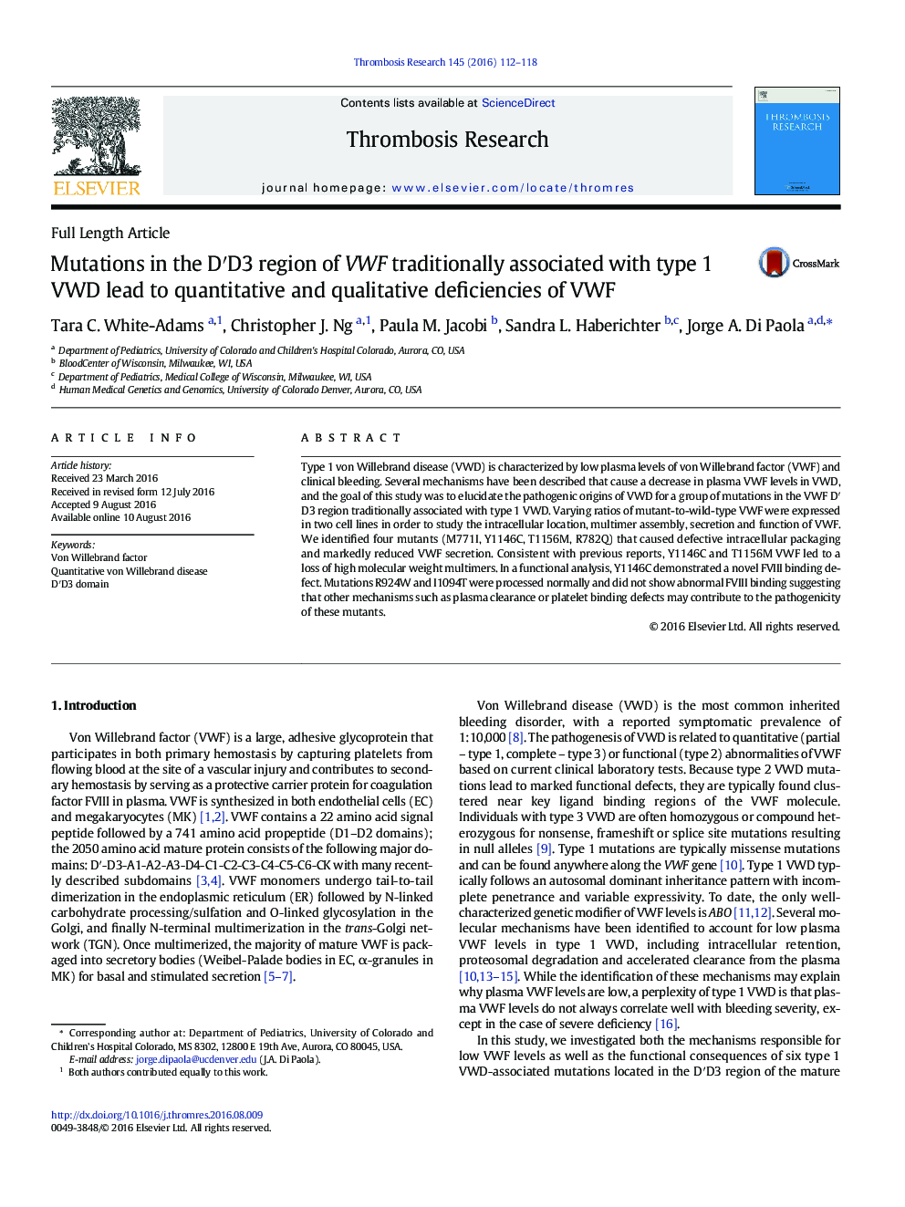 Mutations in the D′D3 region of VWF traditionally associated with type 1 VWD lead to quantitative and qualitative deficiencies of VWF