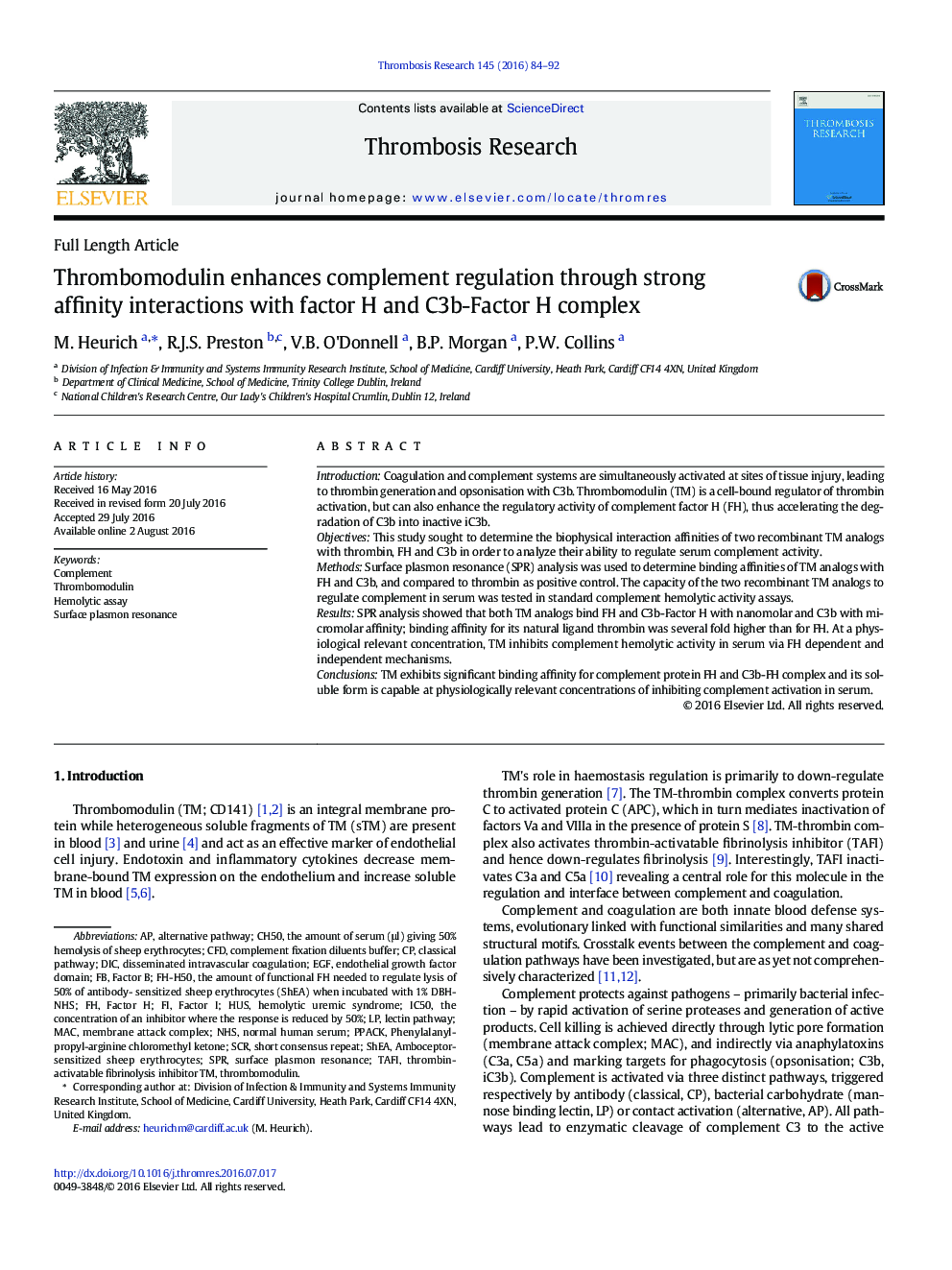 Thrombomodulin enhances complement regulation through strong affinity interactions with factor H and C3b-Factor H complex