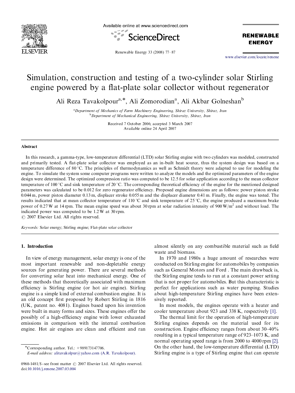 Simulation, construction and testing of a two-cylinder solar Stirling engine powered by a flat-plate solar collector without regenerator