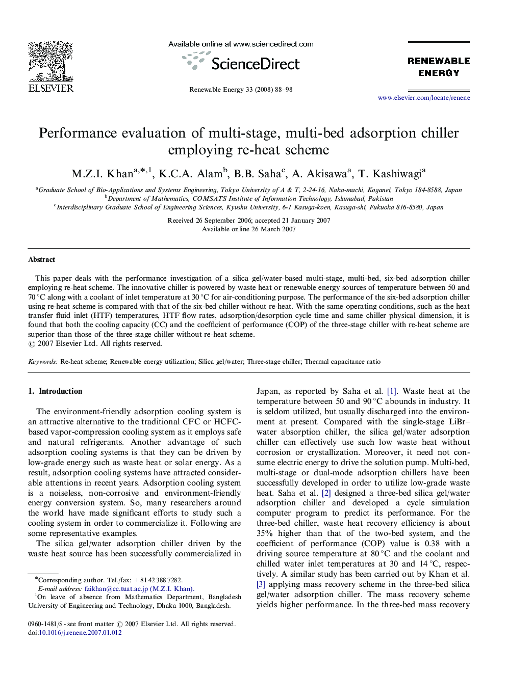 Performance evaluation of multi-stage, multi-bed adsorption chiller employing re-heat scheme