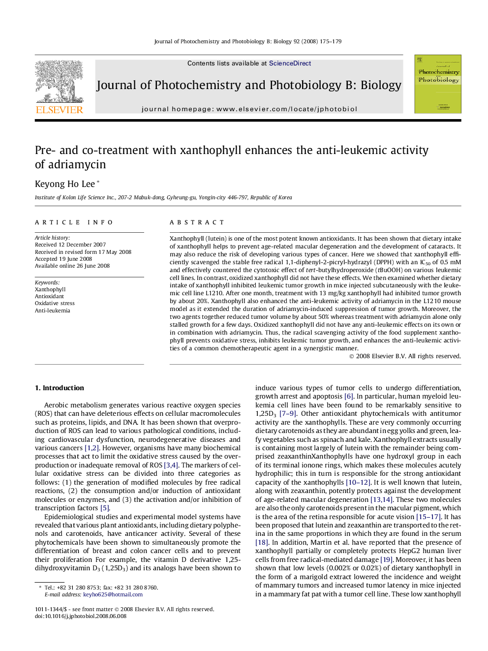 Pre- and co-treatment with xanthophyll enhances the anti-leukemic activity of adriamycin