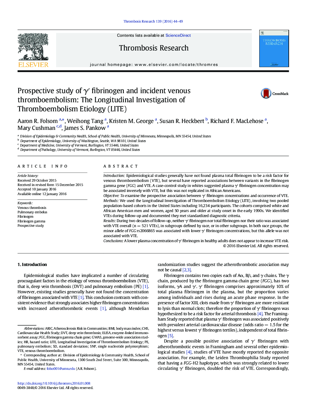 Prospective study of γ′ fibrinogen and incident venous thromboembolism: The Longitudinal Investigation of Thromboembolism Etiology (LITE)
