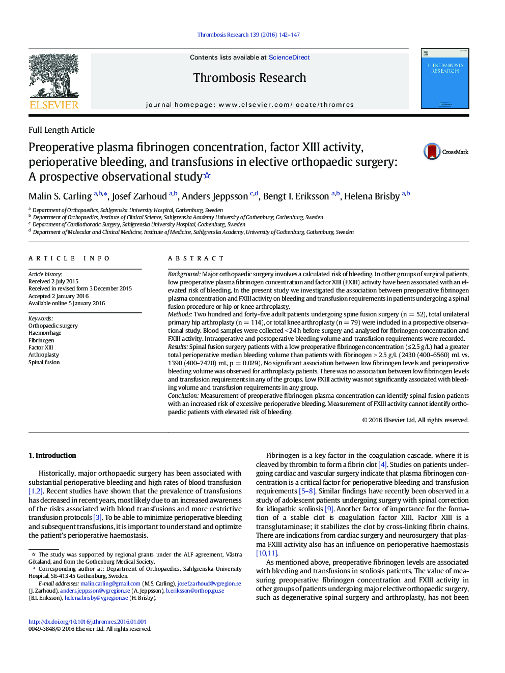 Preoperative plasma fibrinogen concentration, factor XIII activity, perioperative bleeding, and transfusions in elective orthopaedic surgery: A prospective observational study 