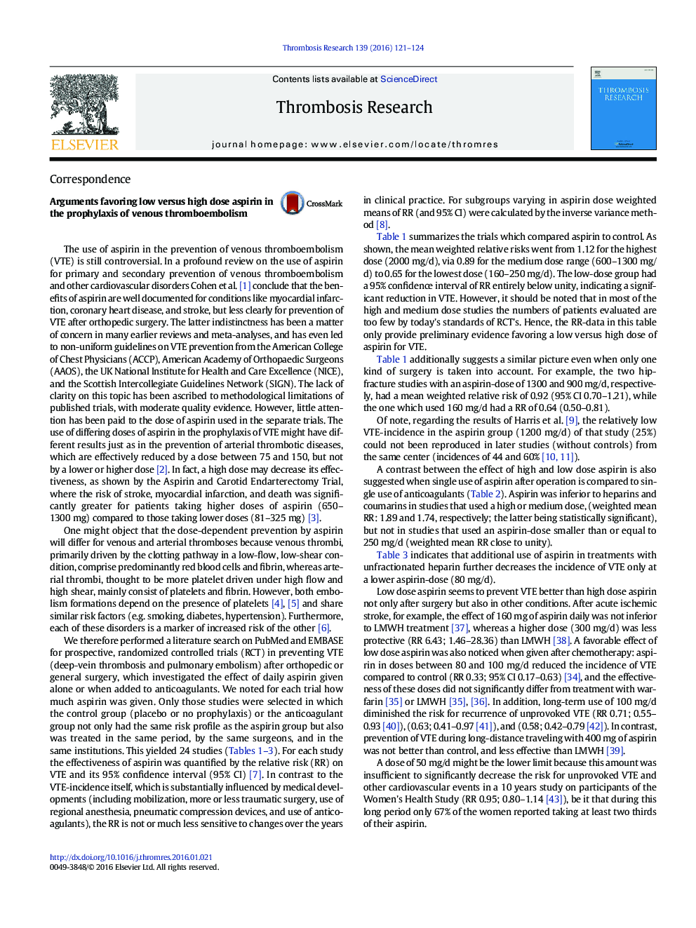 Arguments favoring low versus high dose aspirin in the prophylaxis of venous thromboembolism