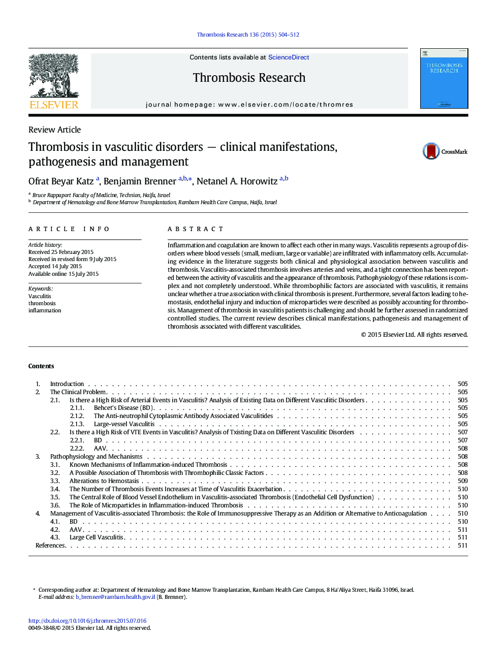 Thrombosis in vasculitic disorders − clinical manifestations, pathogenesis and management