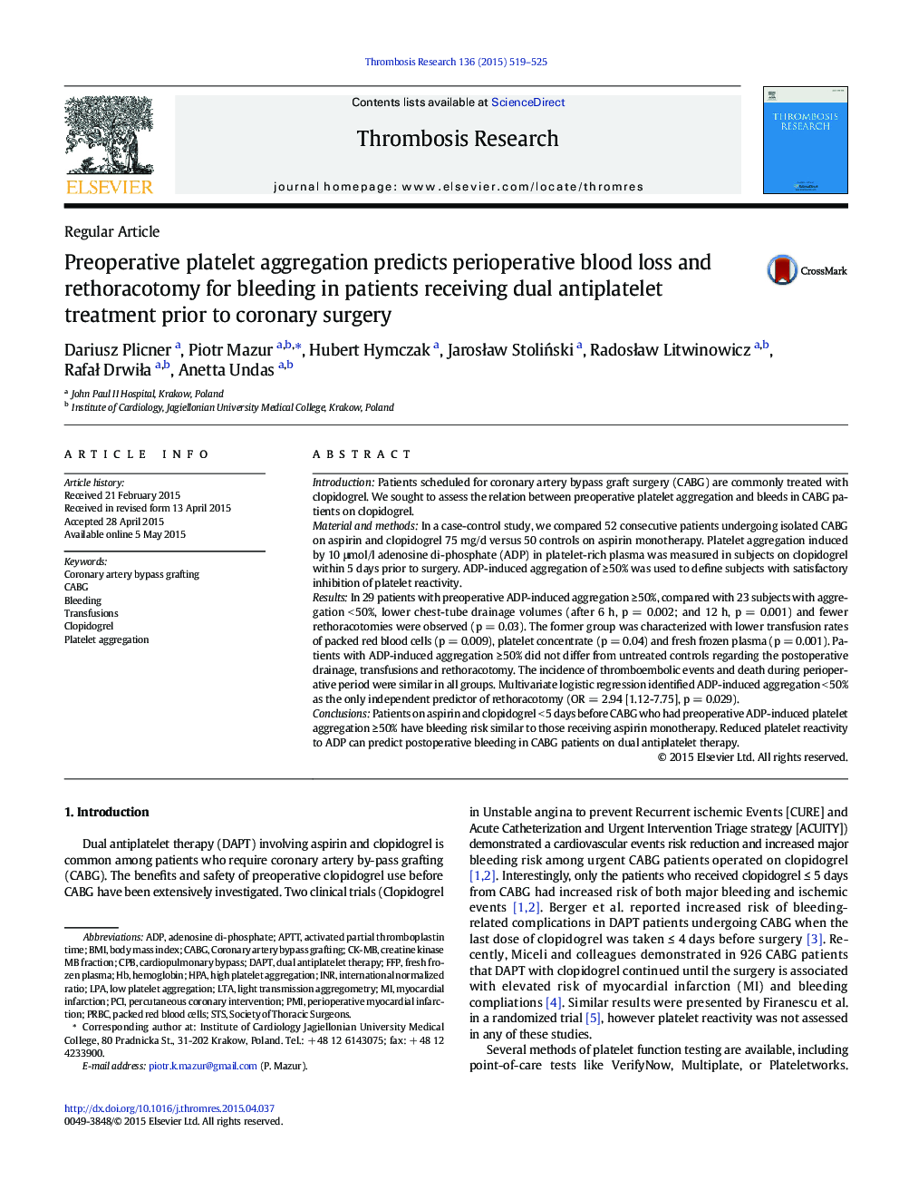 Preoperative platelet aggregation predicts perioperative blood loss and rethoracotomy for bleeding in patients receiving dual antiplatelet treatment prior to coronary surgery