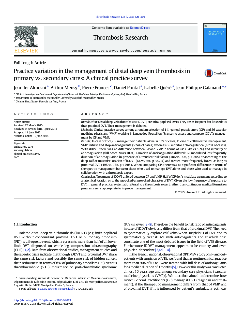 Practice variation in the management of distal deep vein thrombosis in primary vs. secondary cares: A clinical practice survey