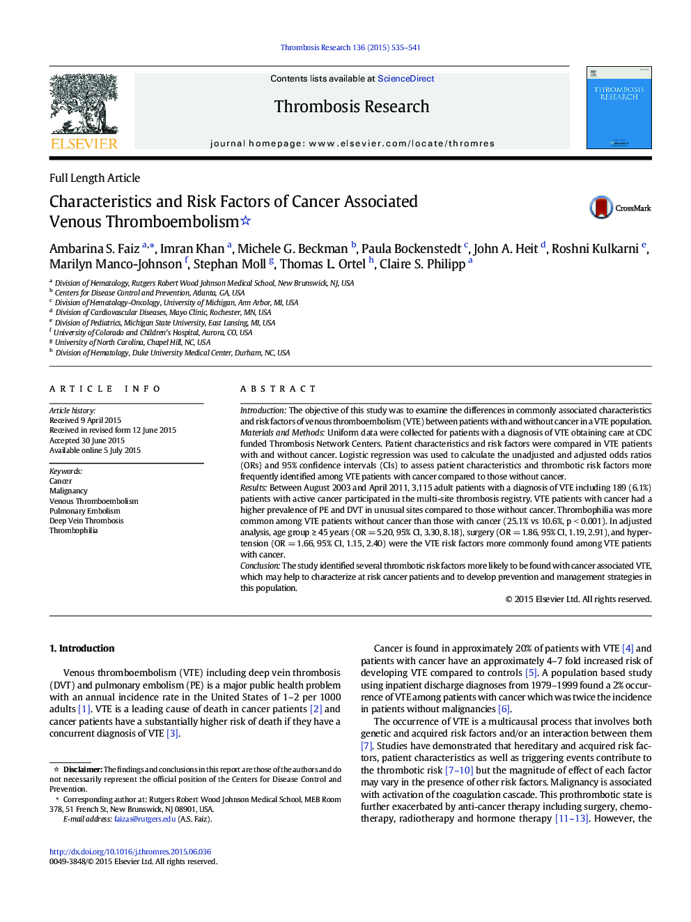 Characteristics and Risk Factors of Cancer Associated Venous Thromboembolism 