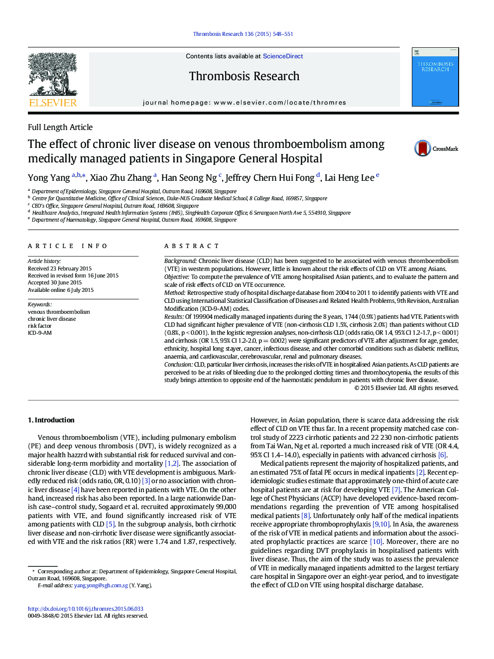 The effect of chronic liver disease on venous thromboembolism among medically managed patients in Singapore General Hospital