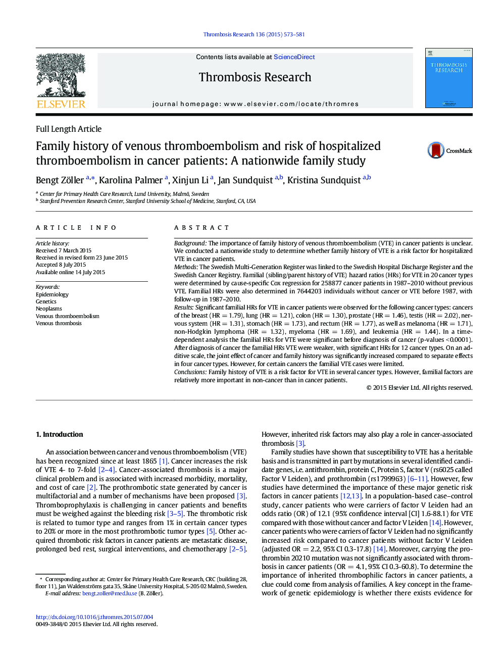 Family history of venous thromboembolism and risk of hospitalized thromboembolism in cancer patients: A nationwide family study