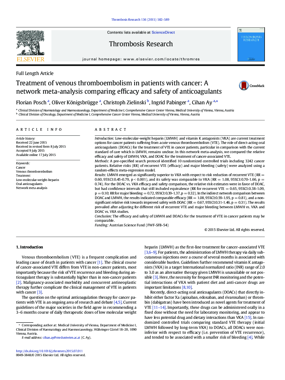 Treatment of venous thromboembolism in patients with cancer: A network meta-analysis comparing efficacy and safety of anticoagulants