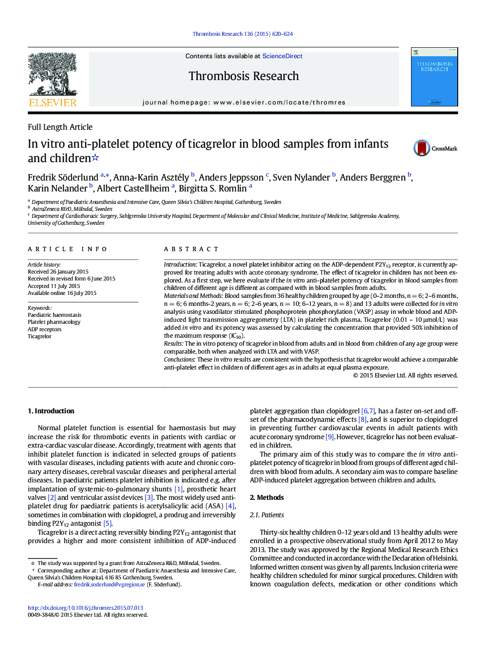 In vitro anti-platelet potency of ticagrelor in blood samples from infants and children 