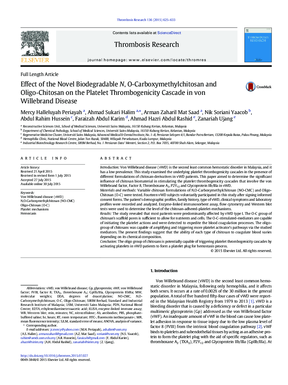 Effect of the Novel Biodegradable N, O-Carboxymethylchitosan and Oligo-Chitosan on the Platelet Thrombogenicity Cascade in von Willebrand Disease