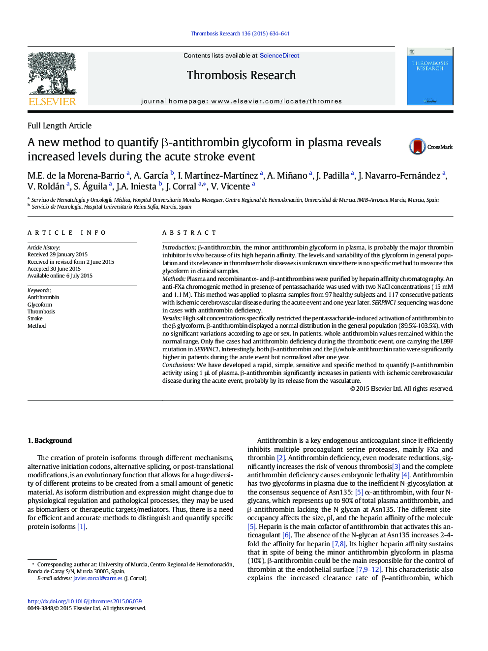 A new method to quantify β-antithrombin glycoform in plasma reveals increased levels during the acute stroke event